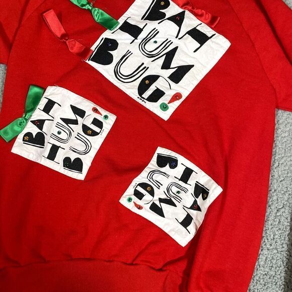 Vintage Bah Hum Bug Holiday Christmas Sweater Adult Pullover Red Ken Done Small - Picture 5 of 8